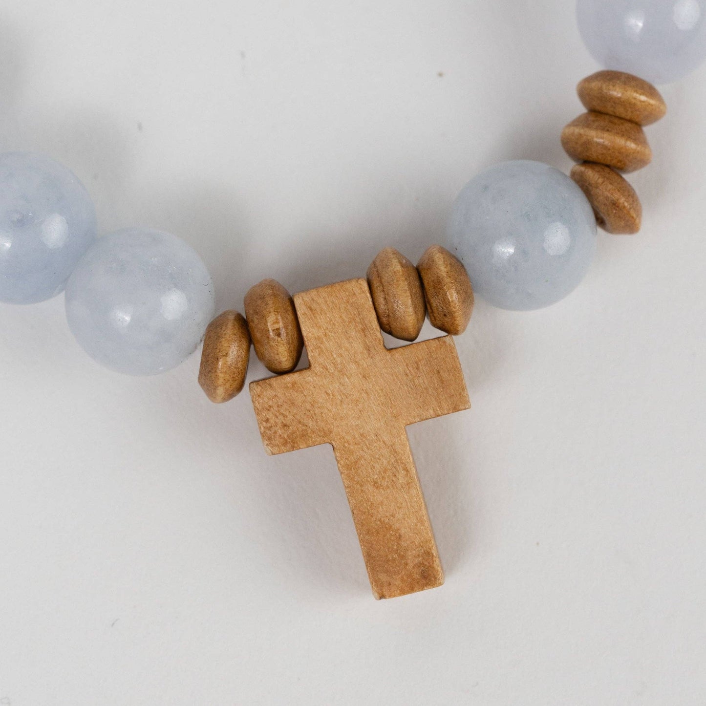 Aquamarine and Wood Stretch Cross Bracelet