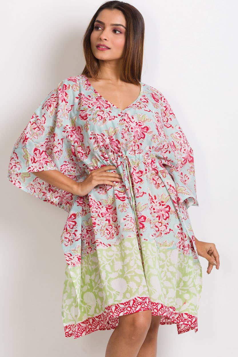 Block Print Caftan - Mint & Coral