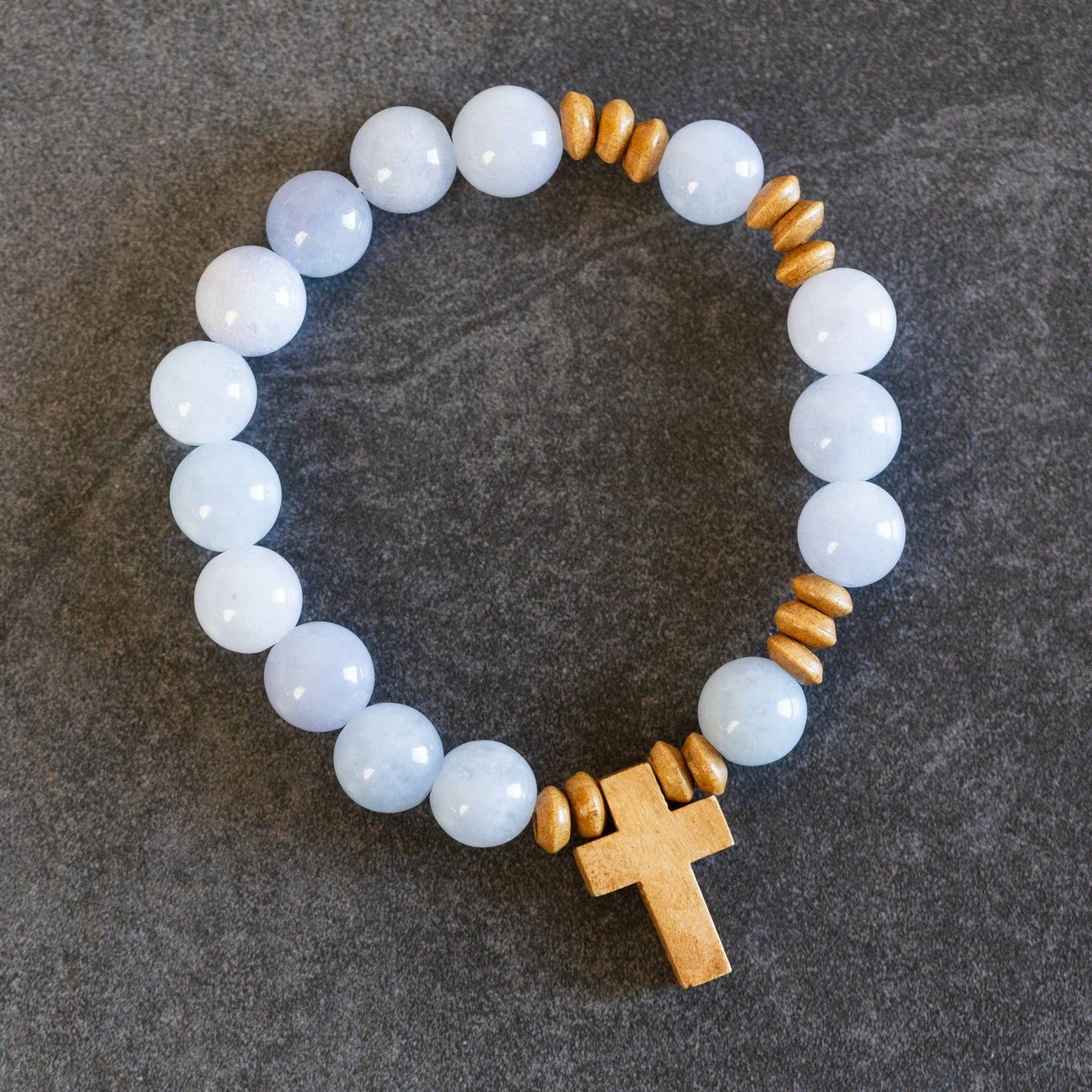 Aquamarine and Wood Stretch Cross Bracelet