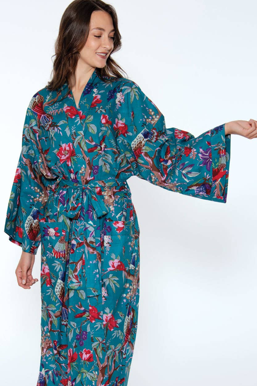 Cotton Kimono Robe - Teal & Rose