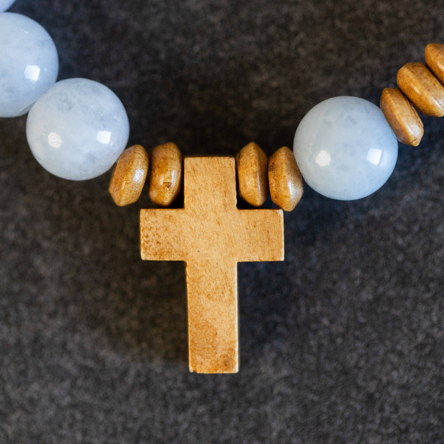 Aquamarine and Wood Stretch Cross Bracelet