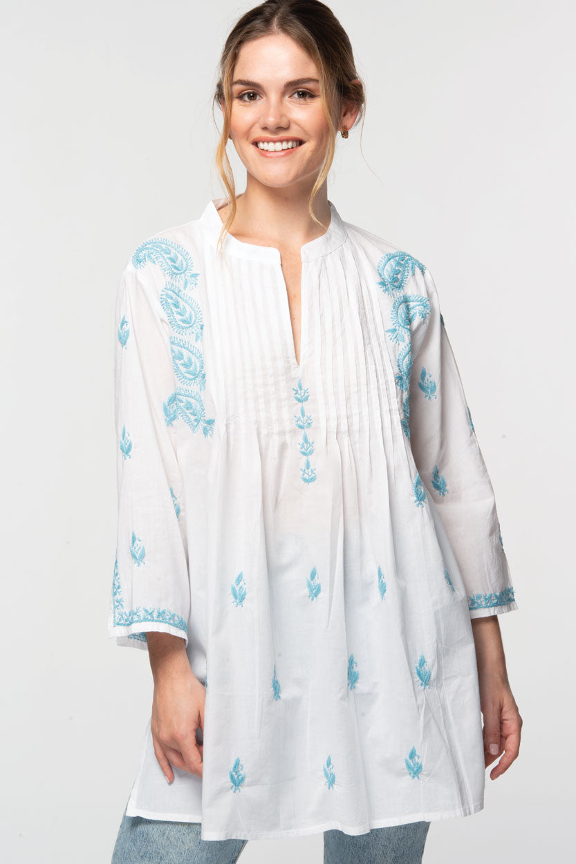 Hand Embroidered Tunic - White/Turquoise