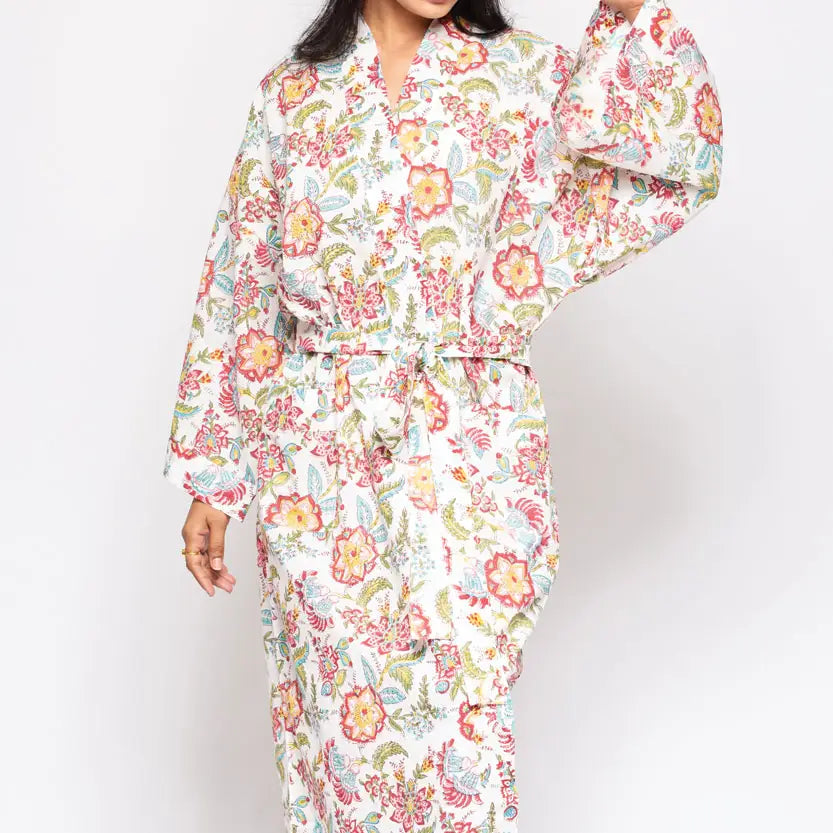 Cotton Kimono Robe - White/Pink Floral