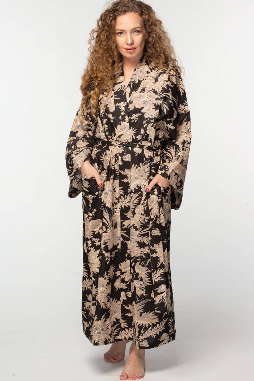 Cotton Kimono Robe - Black/Gold