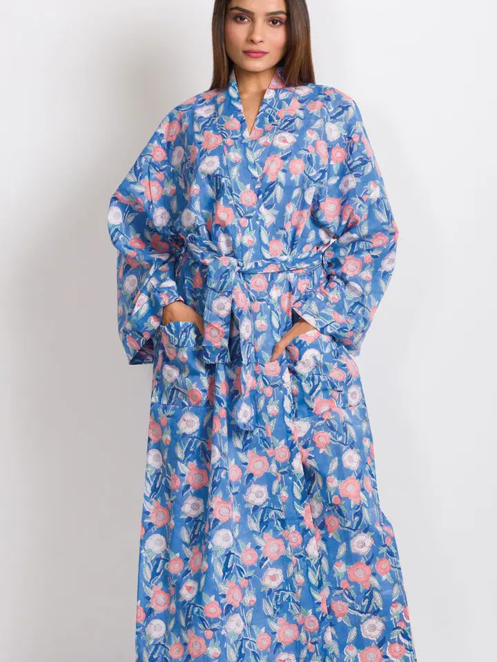 Cotton Kimono Robe - Blue Poppies