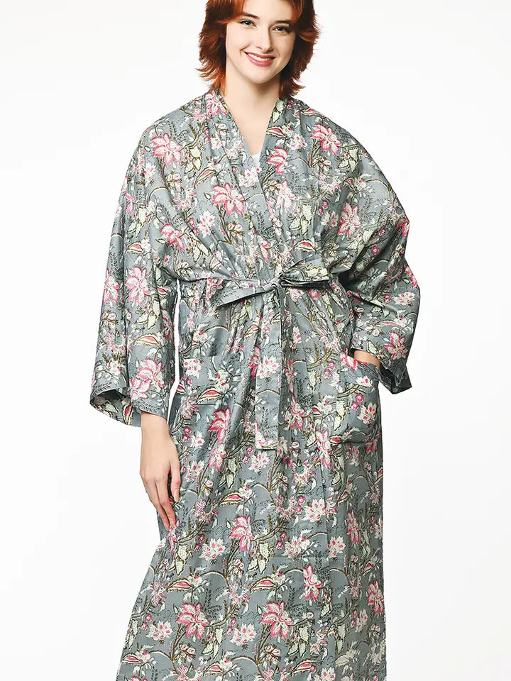 Cotton Kimono Robe - Silver Floral