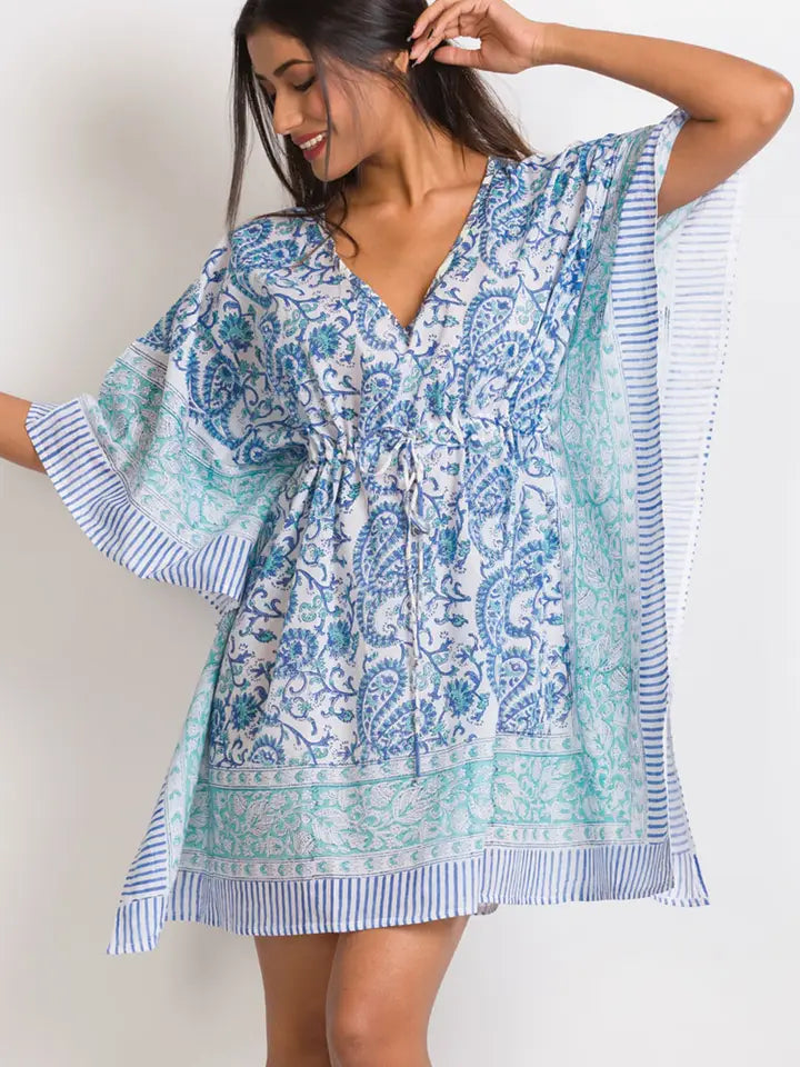 Block Print Caftan - Sky Blue & Turquoise