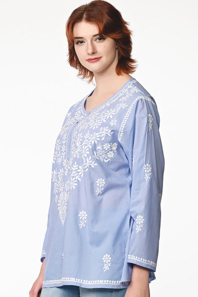 Tara Embroidered Tunic - Blue/White