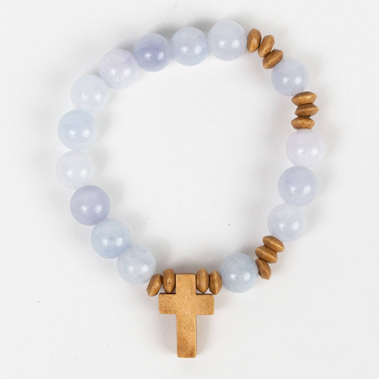 Aquamarine and Wood Stretch Cross Bracelet