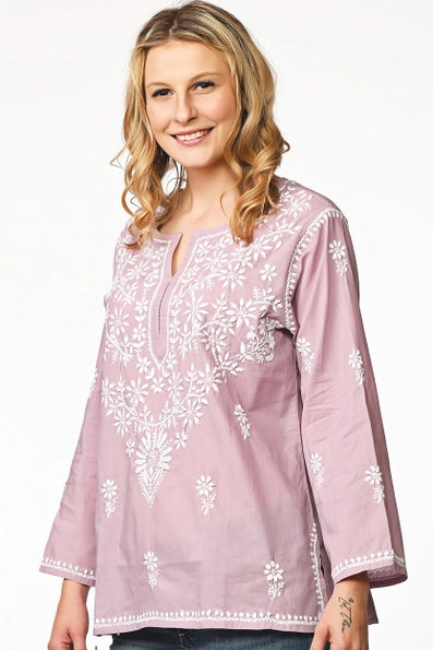 Tara Embroidered Tunic - Lilac/White