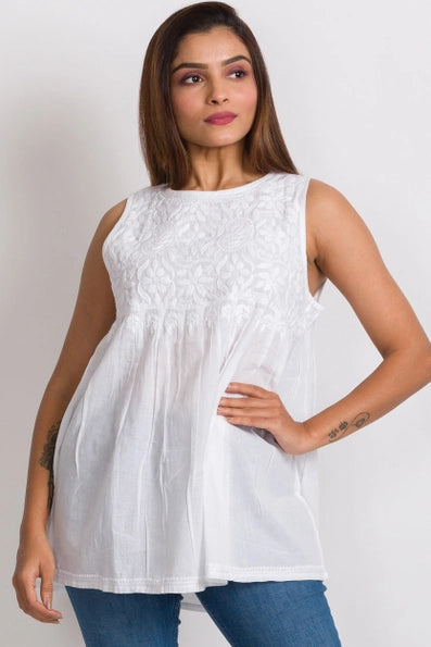 Hand Embroidered Sleeveless Top - All White
