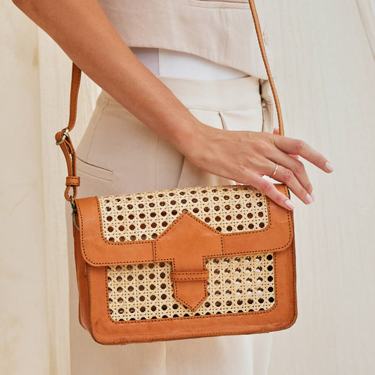 Handwoven Rattan Convertible Clutch Handbag with Leather Trim