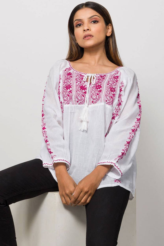 Hand Embroidered Tunic - Fuchsia/White