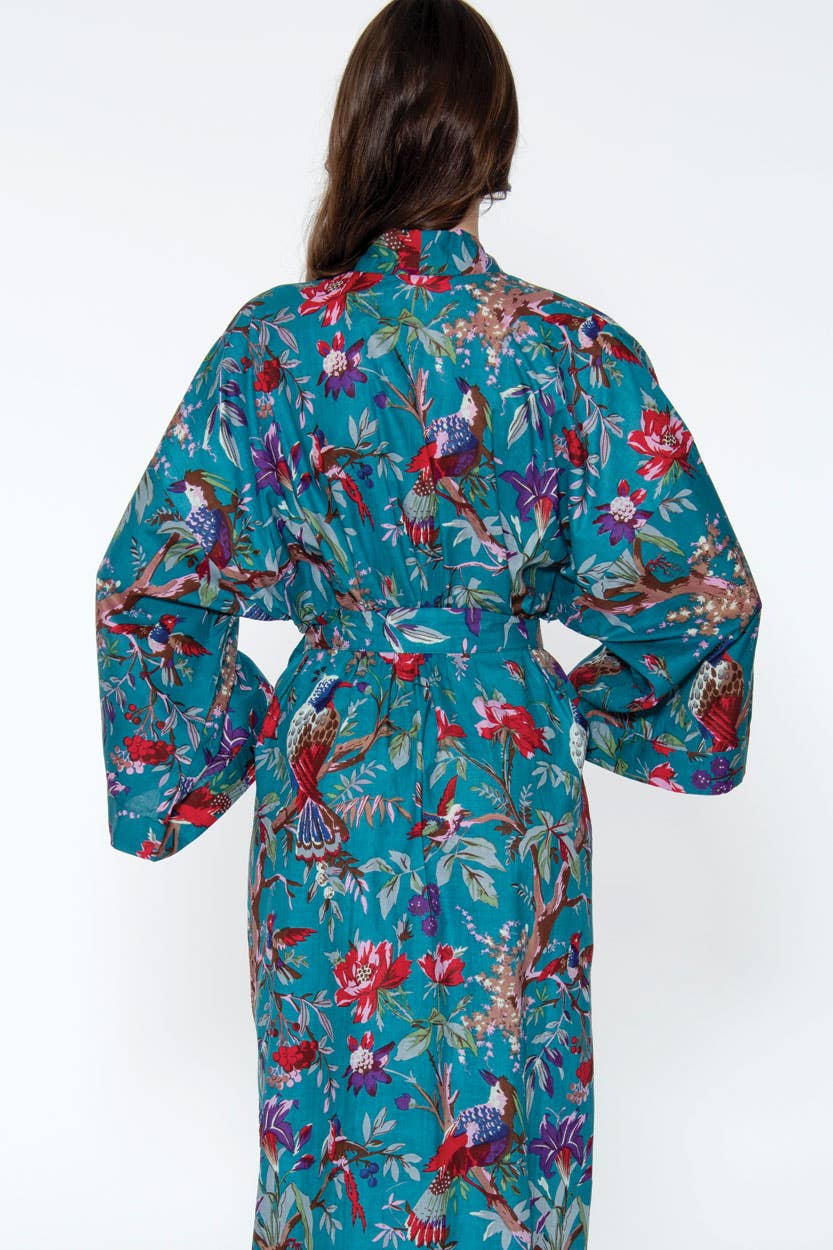 Cotton Kimono Robe - Teal & Rose