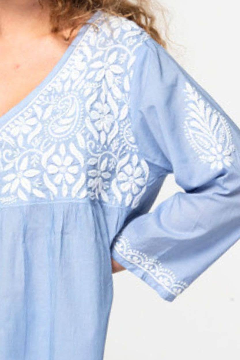 Hand Embroidered Tunic - Pastel Blue