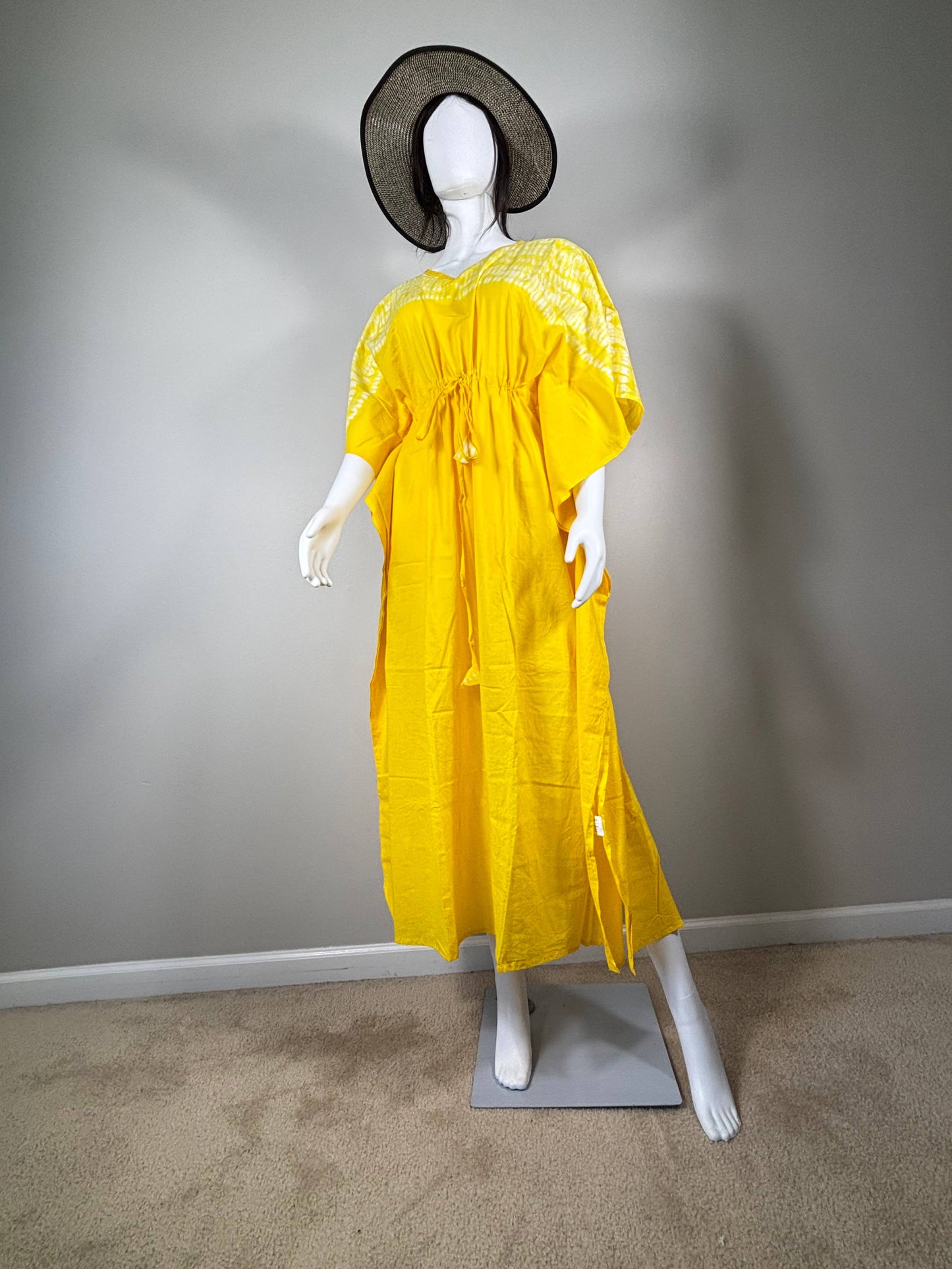 Tie-Dye 100% Cotton Kaftan Dress  - Yellow