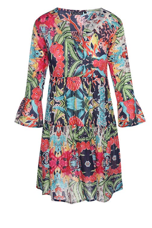 Navy Tropical Ruffle Dress