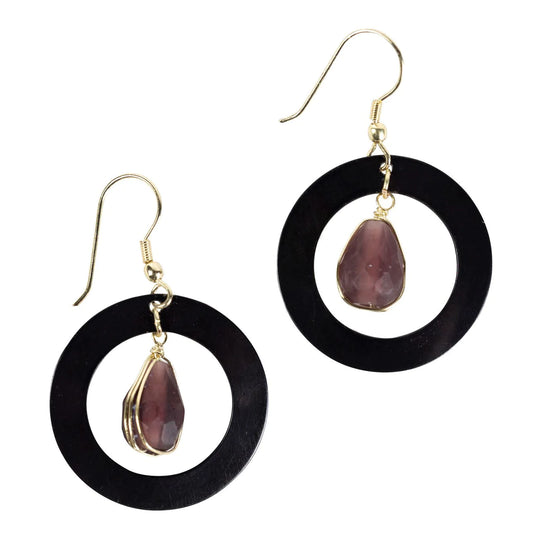 Black Circle w/ Purple Glass Stone Earrings