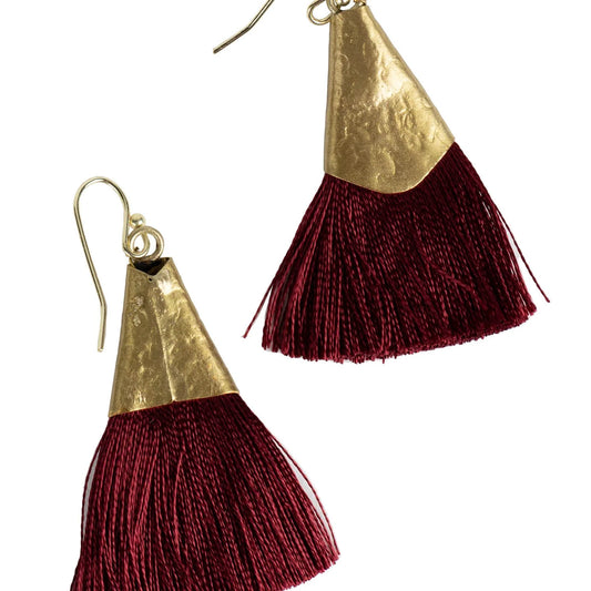 Brass and Wine Fringed Earrings