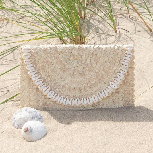 Handwoven Ivory Clutch with Cowrie Shell Trim