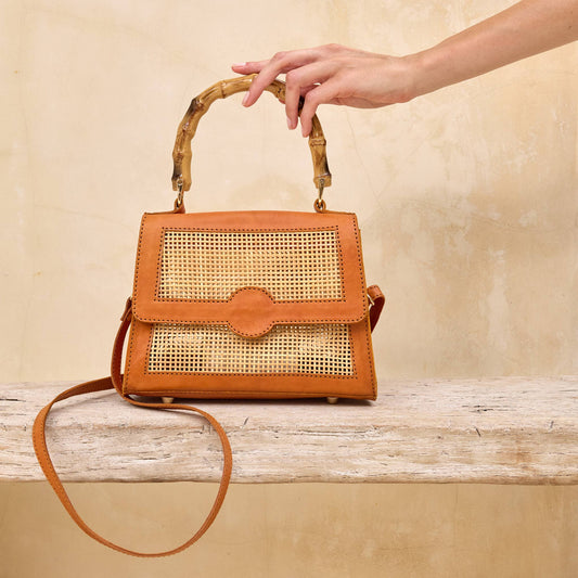 Handwoven Rattan Handbag with Bamboo Handle