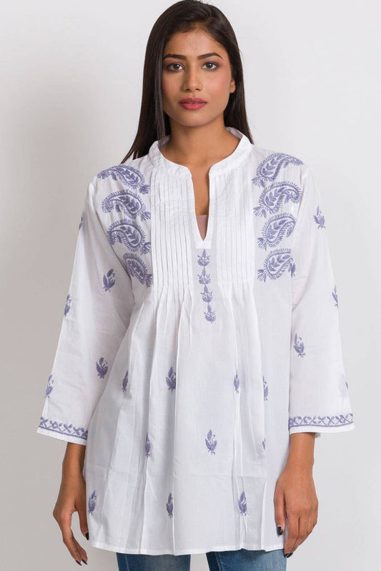 Hand Embroidered Tunic - White/Lavender