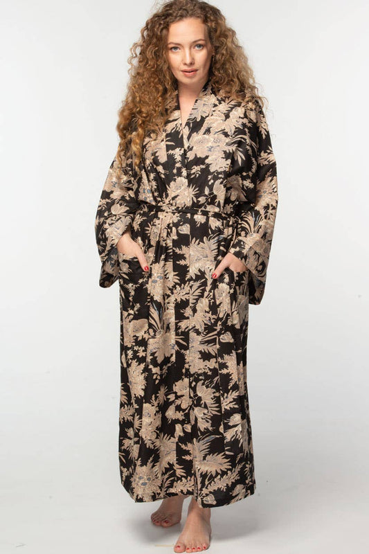 Cotton Kimono Robe - Black/Gold