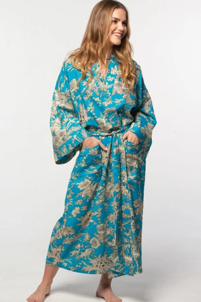 Cotton Kimono Robe - Turquoise & Gold