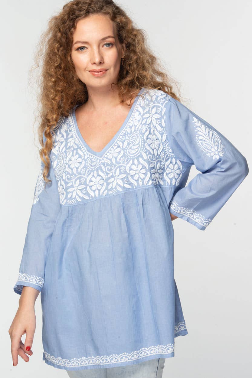 Hand Embroidered Tunic - Pastel Blue