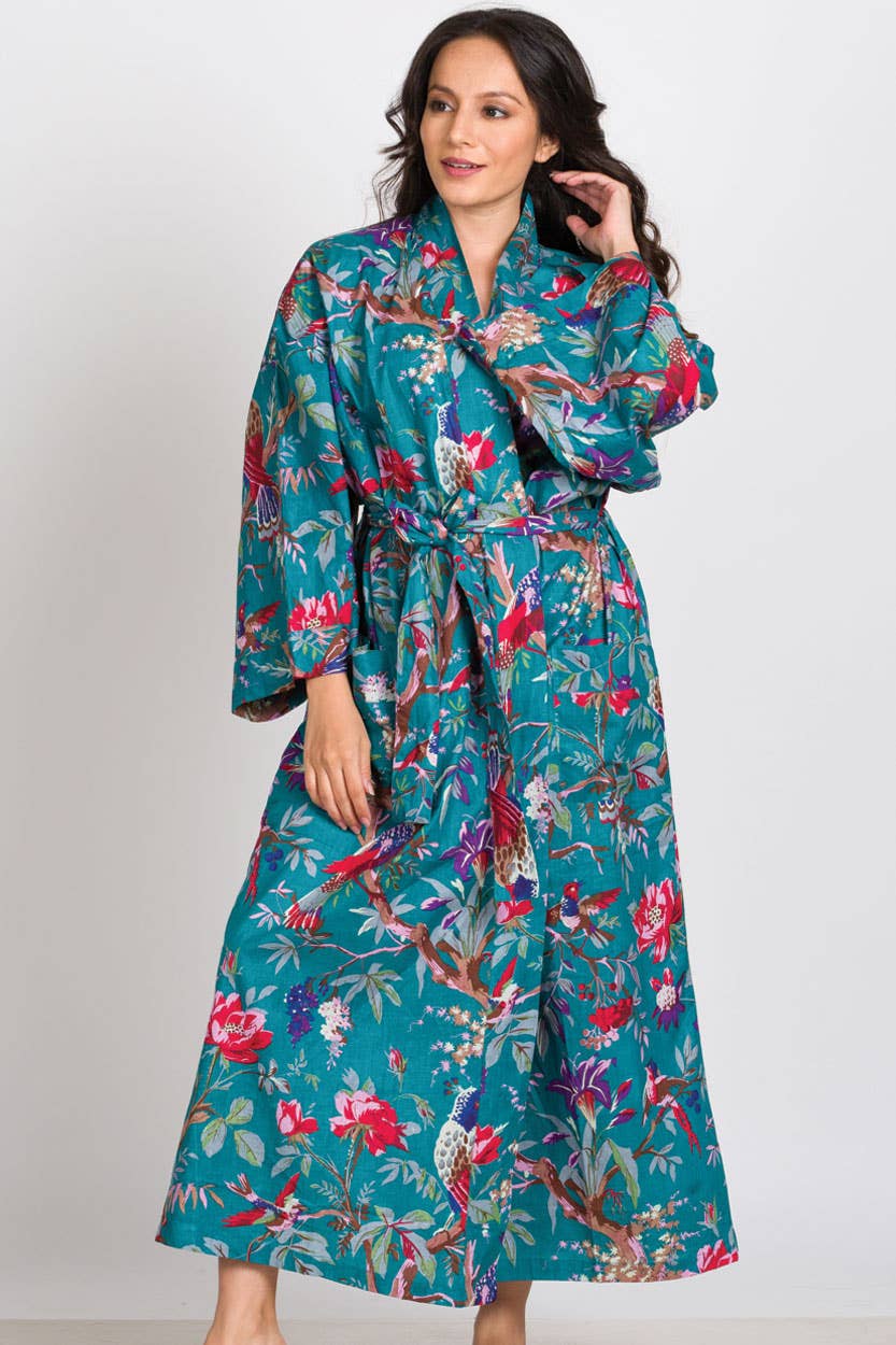 Cotton Kimono Robe - Teal & Rose