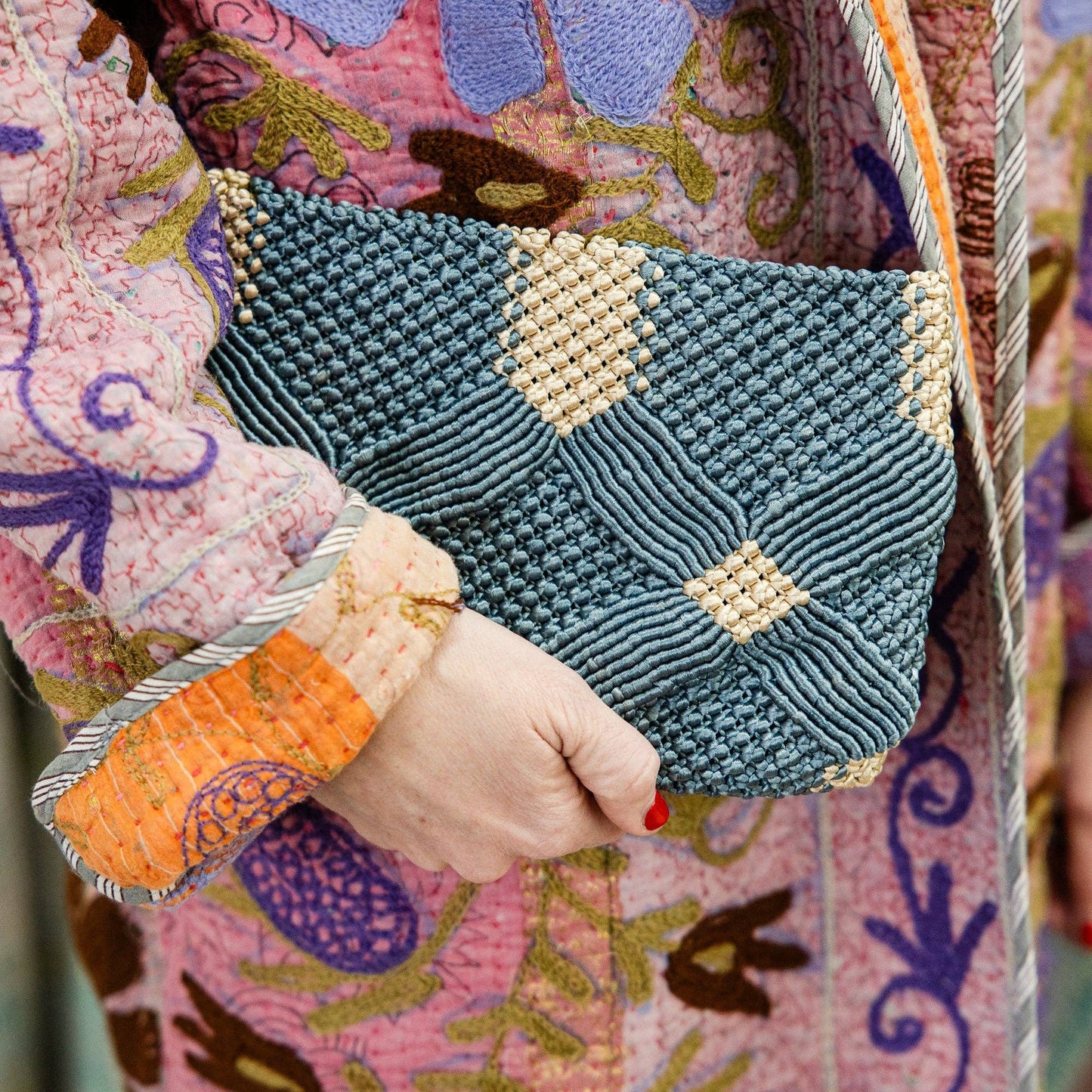 Handmade Macramé Clutch- Dusty Blue and Champagne