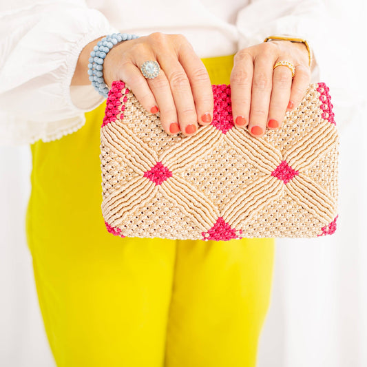 Handmade Macramé Clutch- Champagne and Pink