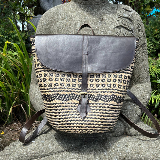 Handwoven Rattan Backpack with Leather Trim
