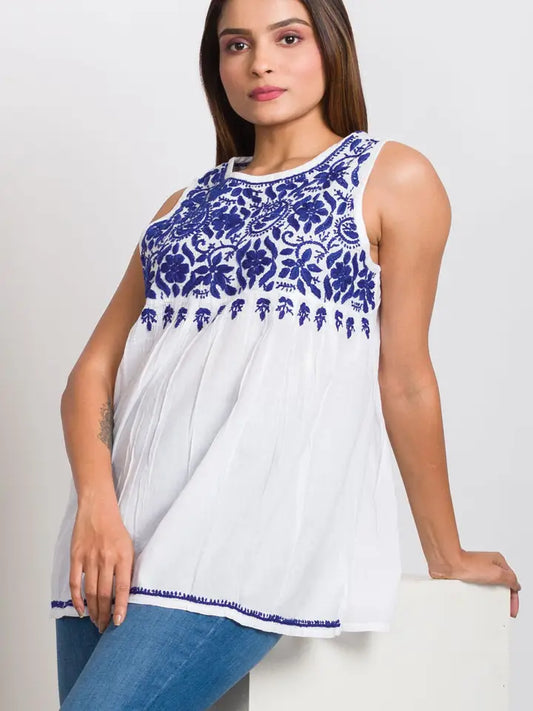 Hand Embroidered Sleeveless Top - Blue/White