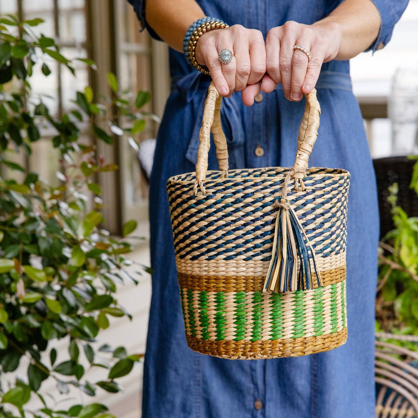 Striped Grass Basket Tote