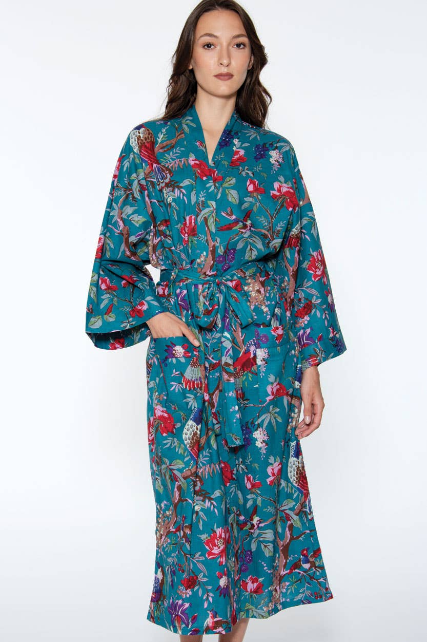 Cotton Kimono Robe - Teal & Rose
