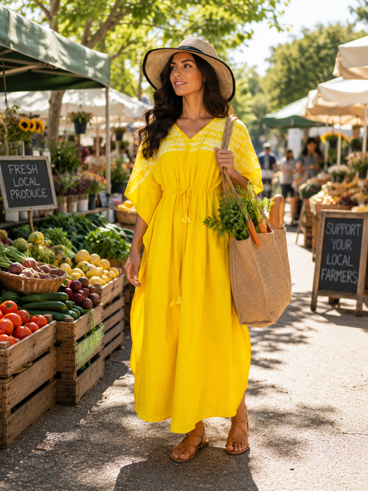 Tie-Dye 100% Cotton Kaftan Dress  - Yellow