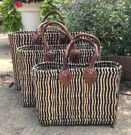 Handwoven Moroccan Tote - (Medium) Midnight Blue Stripe
