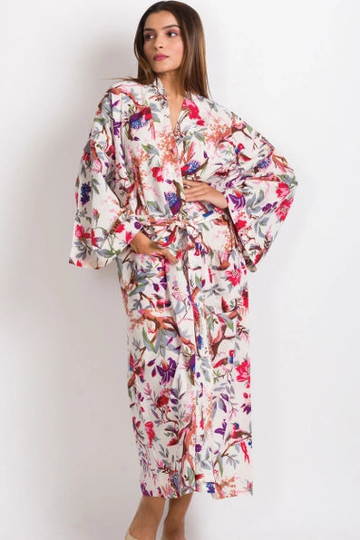 Cotton Kimono Robe - Ivory Multi Birds