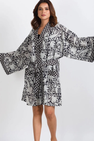Short Cotton Kimono Robe - Black/White