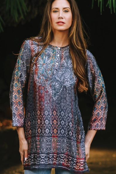 Deena Embroidered Tunic - Steel Blue Multi