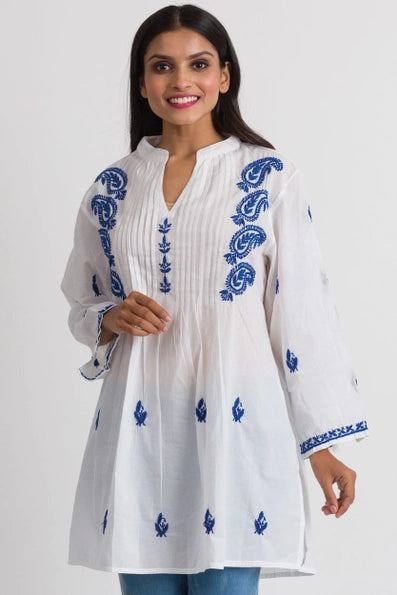 Hand Embroidered Tunic - White/Navy
